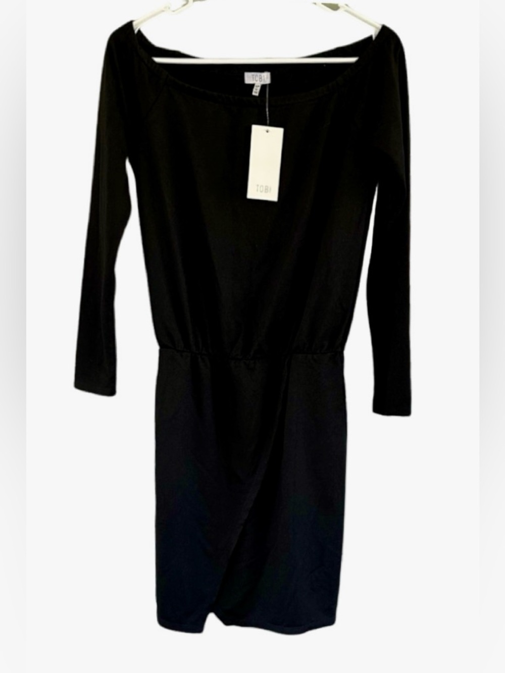 Tobi Classic Black Long off shoulder faux wrap Dress NWT